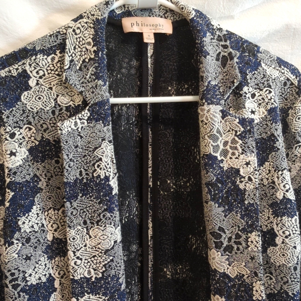 Philosophy | Long Knit Patterned Jacket Navy Ivory Floral Lace | S